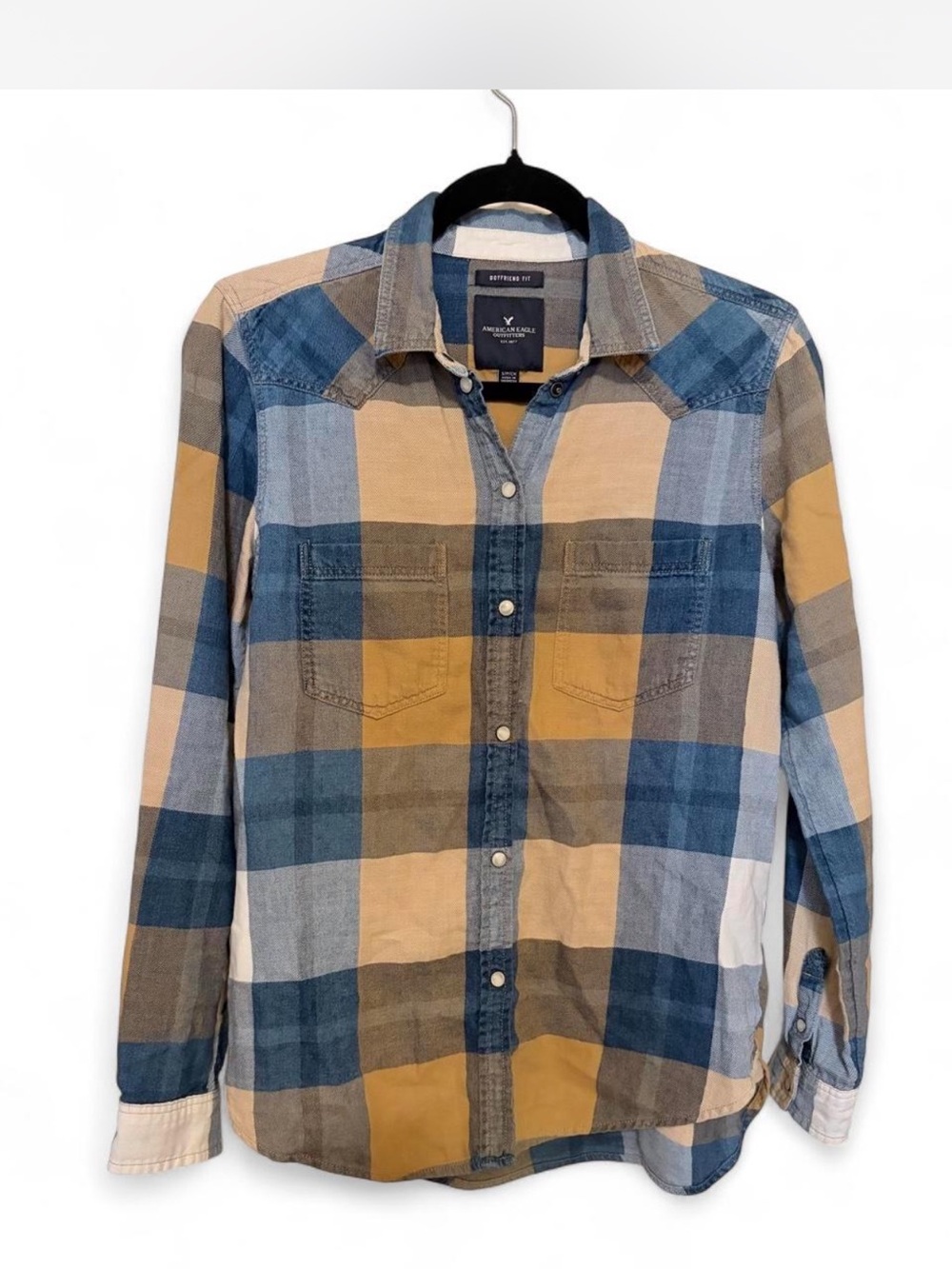 American Eagle Outfitters Plaid Boyfriend Shirt in Blue and Mustard